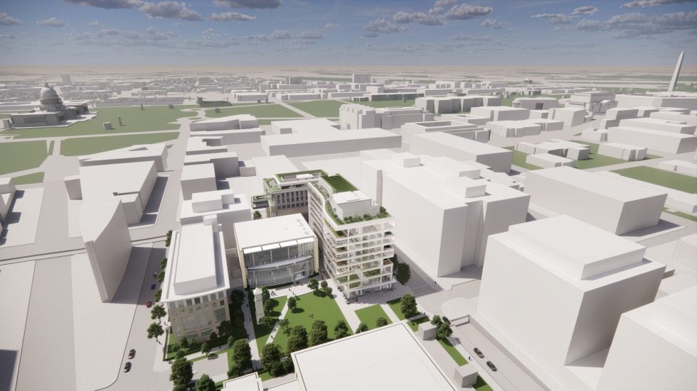 Wide, aerial view of the southern half of Capitol Campus, Daniel Tsai Hall at center