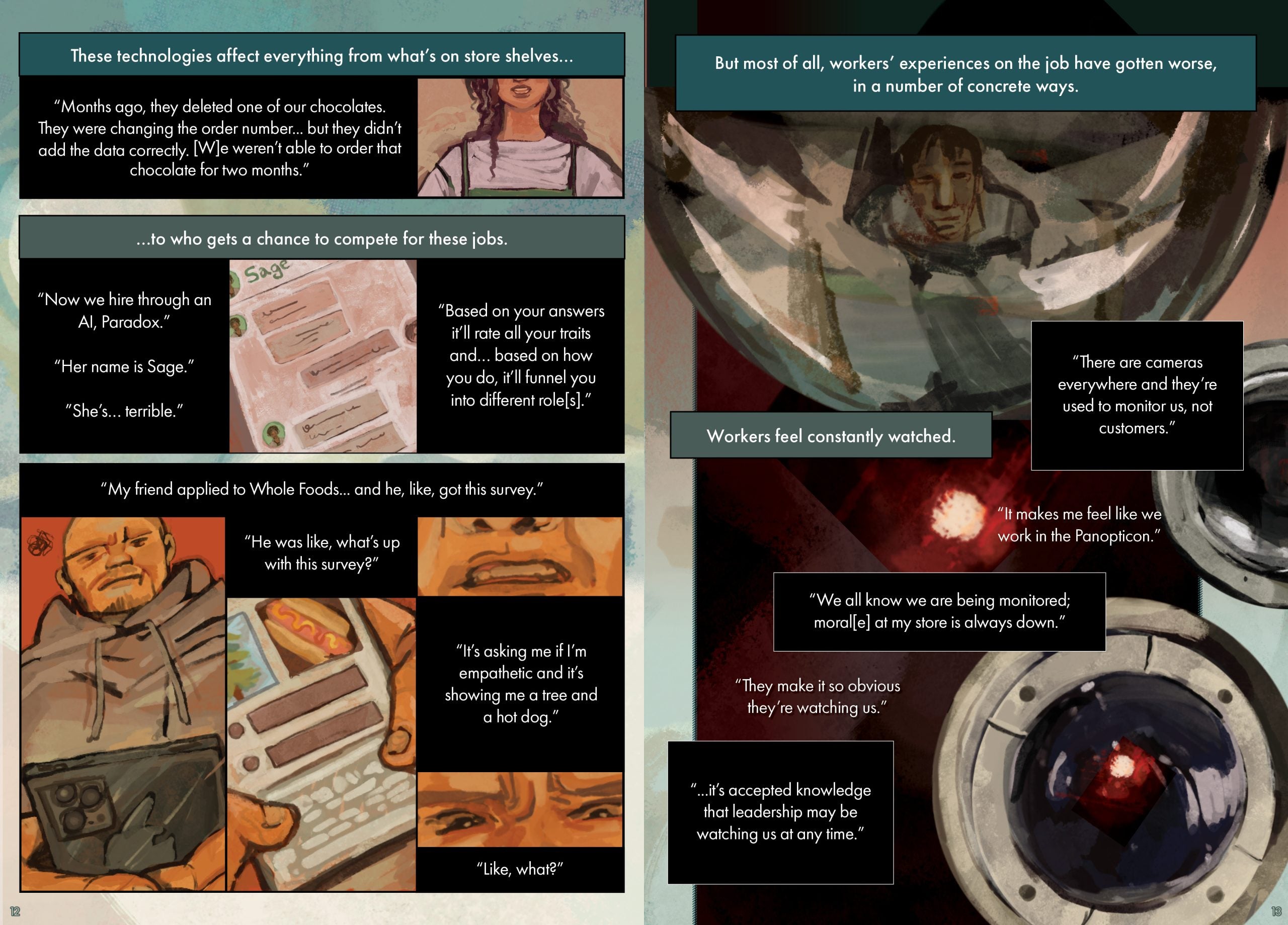 Page 12 Page description: A collage of illustration and text on top of a blue-and-green background. The top right image is a zoomed-in illustration of a Whole Foods worker with brown curly hair and a white shirt. The middle illustration depicts illegible text exchanges with an account labeled “Sage.” The bottom illustration shows four different point-of-view illustrations of a man in a grey hoodie looking puzzled as he fills out a survey on his phone, which shows a picture of a hot dog and a tree. The text reads: These technologies affect everything from what’s on store shelves... “Months ago, they deleted one of our chocolates. They were changing the order number... but they didn’t add the data correctly. [W]e weren’t able to order that chocolate for two months.” ...to who gets a chance to compete for these jobs. “Now we hire through an AI, Paradox.” “Her name is Sage.” ”She’s... terrible.” “Based on your answers it’ll rate all your traits and… based on how you do, it’ll funnel you into different… role[s].” “My friend applied to Whole Foods... and he, like, got this survey.” “He was like, what’s up with this survey?” “It’s asking me if I’m empathetic and it’s showing me a tree and a hot dog.” “Like, what?” Page 13 Page Description: An illustration of a person staring into a security camera. At the top right corner, the person is staring at their own reflection, and the bottom left corner is the camera with a red dot in the middle The text reads: But most of all, workers’ experiences on the job have gotten worse, in a number of concrete ways. Workers feel constantly watched. “There are cameras everywhere and they’re used to monitor us, not customers.” “It makes me feel like we work in the Panopticon.” “We all know we are being monitored; moral[e] at my store is always down.” “They make it so obvious they’re watching us.” “...it’s accepted knowledge that leadership may be watching us at any time.”