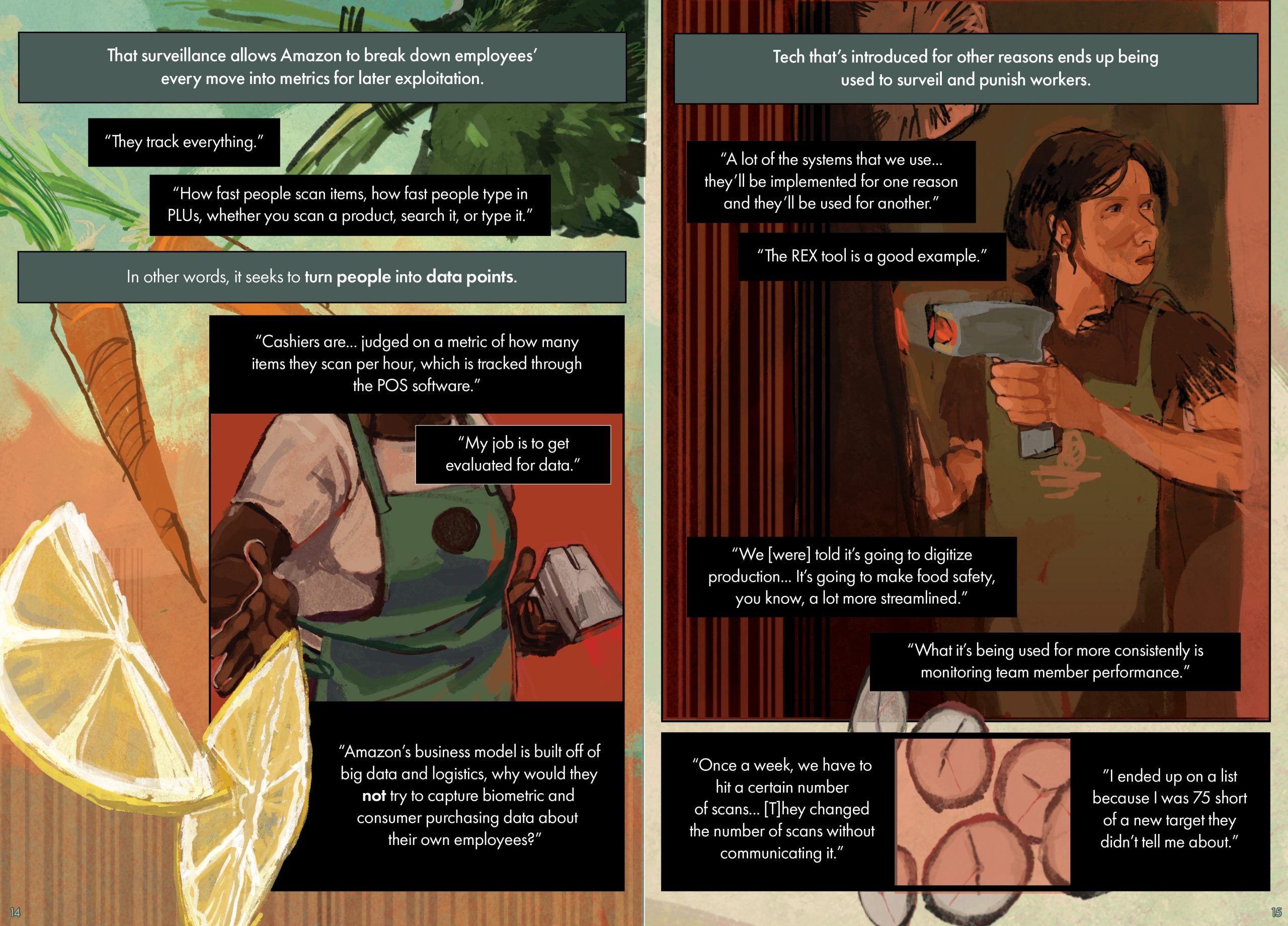 Page 14 Page description: Backdrop illustration of two lemon slices, two carrots, and parsley interspersed with a barcode motif. An illustration shows a whole food worker in a green apron and white shirt holding a scanner in one hand and reaching out their other hand. Seven text boxes surround the illustration. The text reads: That surveillance allows Amazon to break down employees’ every move into metrics for later exploitation. “They track everything.” “How fast people scan items, how fast people type in PLUs, whether you scan a product, search it, or type it.” In other words, it seeks to turn people into data points. “Cashiers are... judged on a metric of how many items they scan per hour, which is tracked through the POS software.” “My job is to get evaluated for data.” “Amazon’s business model is built off of big data and logistics, why would they not try to capture biometric and consumer purchasing data about their own employees?” Page 15 Page description: An illustration of a worker in a green apron and brown shirt scanning an item on a brown shelf while looking behind their shoulder. A clock hangs above them. An illustration of cucumber slices superimposed with clock faces is layered across the bottom of the image. Seven text boxes surround the illustration. The text reads: Tech that’s introduced for other reasons ends up being used to surveil and punish workers. “A lot of the systems that we use… they’ll be implemented for one reason and they’ll be used for another.” “The REX tool is a good example.” “We [were] told it’s going to digitize production... It’s going to make food safety, you know, a lot more streamlined.” “What it’s being used for more consistently is monitoring team member performance.” “Once a week we have to hit a certain number of scans. . . . [T]hey changed the number of scans without communicating it.” ”I ended up on a list because I was 75 short of a new target they didn’t tell me about.”