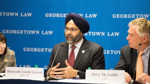 New Jersey Attorney General Gurbir Grewal speaks at the SALPAL Launch Event Panel. To the right sits Former Virginia Governor Terry McAuliffe. To the left sits SALPAL Executive Director Meryl Chertoff.