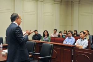 Paul Clement speaking in Moot Court Room