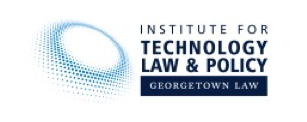 A white circle bordered with blue dots to the left of Institute for Technology Law & Policy text over Georgetown Law watermark