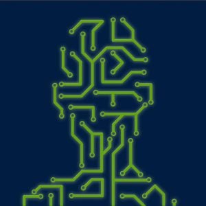 A green silhouette made up of circuits. 