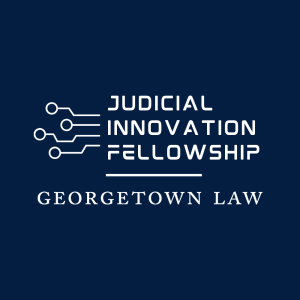 The logo of the Judicial Innovation Fellowship, with the name of the fellowship emerging from white circuits