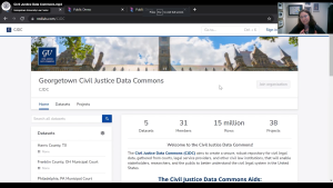 A screenshot of the Civil Justice Data Commons platform with a camera of one of the researchers explaining it in the top right.