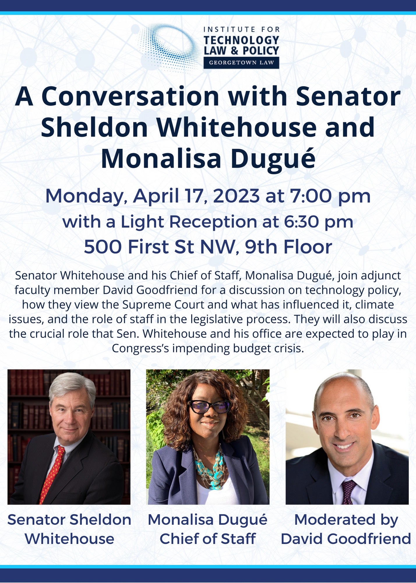 Flyer with link for the A Conversation with Senator Sheldon Whitehouse and Monalisa Dugué event.