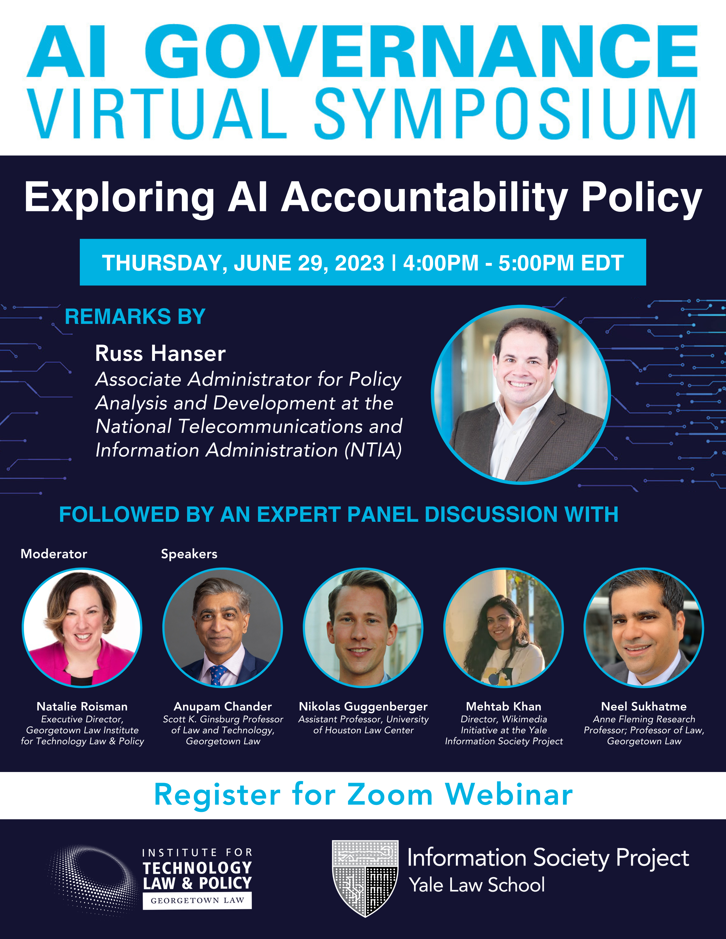 Flyer for the event: AI Governance Series: Exploring AI Accountability Policy with Russ Hanser, NTIA Associate Administrator for Policy Analysis and Development