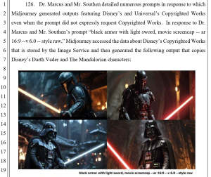 Midjourney generated scenes of Darth Vader, when prompted for "back armor with light sword"