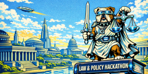 A Cartoon Jack the Bulldog holds a sword and hanging balance scale, standing on a book that reads "Law and Policy Hackathon" 