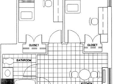 Two-Bedroom Corner Efficiency Apartment Floorplan