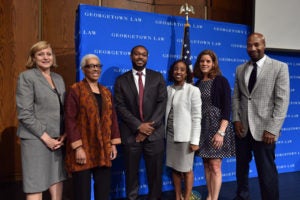 Professor Kris Henning (center right) led a panel on racial injustice with Lisa H. Thurau (Strategies for Youth), Judge Geraldine Hines (Massachusetts), Visiting Professor Justin Hansford, Visiting Professor Christy Lopez and Professor Paul Butler.