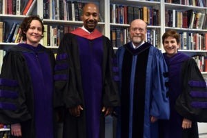 Professor Paul Butler, the inaugural Albert Brick Professor of Law, with Professor Allegra McLeod, Dean William M. Treanor and Professor Abbe Smith.