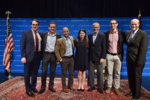 John Podesta (L’76) with Dean William M. Treanor and student leaders of the Class of 2017.