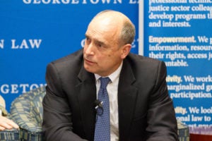 Visiting Professor James Baker, the retired chief judge of the U.S. Court of Appeals for the Armed Forces who chairs the ABA Standing Committee on Law and National Security, moderated a discussion on extremism in the 21st century.