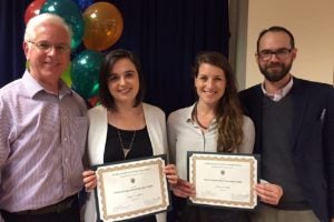 Professor from Practice Andrew Schoenholtz and Dash-Muse Fellow Patrick Griffith of the Human Rights Institute presented the Bettina Pruckmayr Award for Human Rights to Megan Abbot (F’09, L’17) and Becca Balis (L’17) at Public Interest Proud.