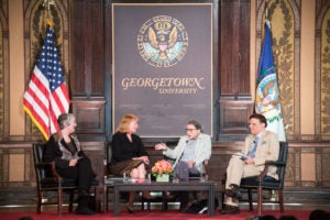 Professors Williams and Hartnett with Ginsburg, who won the 2017 Burton Book of the Year Award and Special Recognition in the RFK Book Awards. The winning trio discussed the book with Katzmann during Georgetown’s Bernstein Symposium on 4-27.