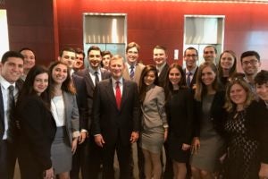 Chief Justice of the United States John G. Roberts Jr. with Georgetown Law students at the Supreme Court Institute’s end-of-term reception on April 27.