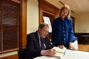 Peter Edelman, the Carmack Waterhouse Professor of Law and Public Policy at Georgetown Law, published his new book, Not a Crime to Be Poor: The Criminalization of Poverty in America (The New Press) on October 31. He is pictured signing a copy for Professor Jane Stromseth at an event in Gewirz Student Center on November 7.