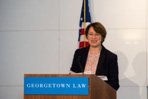 Senator Amy Klobuchar of Minnesota spoke at Georgetown Law's Sixth Annual Hotel and Lodging Legal Summit on October 26 about preventing human trafficking.