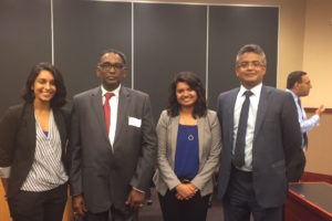 Sonika Data L’19; Honorable Mr. Justice Jasti Chelameswar, Judge Supreme Court of India; Merin Cherian L’19; and Sajan Poovayya, Senior Advocate, Supreme Court of India at Georgetown Law on October 11.