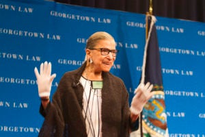 U.S. Supreme Court Justice Ruth Bader Ginsburg smiles and waves during the 2017 lecture to incoming students. Ginsburg spoke to new J.D. and LL.M. students at the 2017 Lecture to the Incoming Class in Hart Auditorium on September 20.