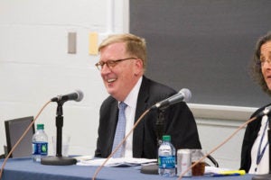 Georgetown Law Distinguished Visitor from Practice Paul M. Smith sits on a panel in McDonough Hall. Smith argued Gill v. Whitford in the U.S. Supreme Court on October 3.