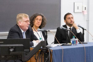 Distinguished Professor Paul M. Smith, Supreme Court Institute Director Dori Bernstein and Misha Tseytlin, solicitor general of Wisconsin, discuss the Supreme Court case of Gill v. Whitford at Georgetown Law on October 3.