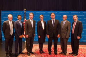 Pictured left to right: Judge David Barron, Judge Sri Srinivasan, Judge Brett Kavanaugh, Judge Debra Livingston, Justice Samuel Alito, Georgetown Law Dean William Treanor and Harvard Law Dean John Manning in Hart Auditorium on November 2. Judge David Barron, Judge Sri Srinivasan Judge Brett Kavanaugh, Judge Debra Livingston, Justice Samuel Alito, Georgetown Law Dean William Treanor and Harvard Law Dean John Manning in Hart Auditorium on November 2. 