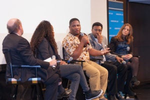 Georgetown Law Dean William M. Treanor, director Sonja Sohn, activist Dayvon Love, Professor Anthony Cook and Distinguished Visitor from Practice Christy Lopez appeared in Hart Auditorium at a discussion of the new HBO film “Baltimore Rising.”