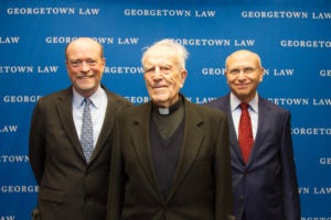 Georgetown Law Dean William M. Treanor, Visiting Professor Ladislas Orsy, S.J., and Professor David Luban at a January 24 conference celebrating the 96-year-old Orsy's life and work.