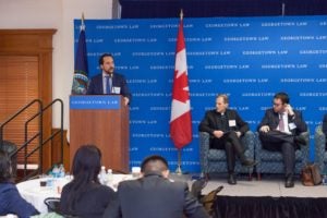 Professor Alvaro Santos, faculty director of the Center for the Advancement of the Rule of Law in the Americas (CAROLA), introduced a panel at “The Future of NAFTA and North American Economic Integration” at Georgetown Law on October 6. 