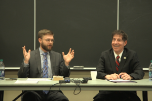 Trent England and Rep. Jamie Raskin debate the merits of the electoral college versus the popular vote in U.S. presidential elections at a panel discussion at Georgetown Law on January 24.