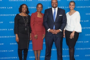 Georgetown Law Associate Dean Kristin Henning, American Law Professor Angela Davis, George Washington Law Associate Dean Roger Fairfax and University of Maryland Law Professor Renee Hutchins explore race and criminal justice at Georgetown Law on Feb. 12.