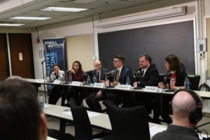 Georgetown University School of Medicine Professor Liza Gold, Parkland high school student Dara Jaffe, Law Professor Larry Gostin and Scott Novak (L’20) at the March 26 event.