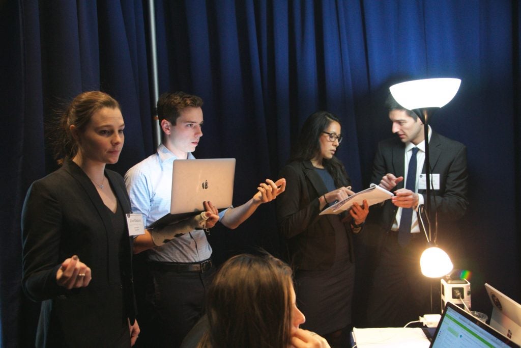 National Security Law students convene in one of the strategy rooms.