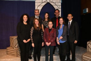 Supreme Court Justice Ruth Bader Ginsburg with members of Georgetown Law’s Gilbert & Sullivan Society in Hart Auditorium after the inaugural Ruth Bader Ginsburg lecture on April 6.