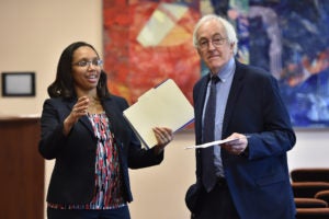 Visiting Professor Charisma Howell & Professor Rick Roe, director of Georgetown Law’s Street Law, oversee a mock trial with high school students at D.C. Superior Court on April 18. 