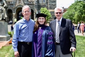 Georgetown Law alumni Charles M. Steele (L’84), Erin Steele (L’18) and Charles J. Steele (C’52, L’54, LL.M.’56) at Commencement 2018.