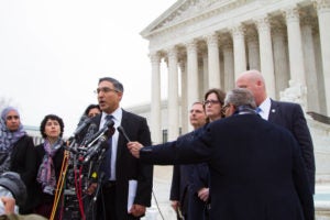 Georgetown Law Professor Neal Katyal faces the press on the steps of the Supreme Court after oral arguments in Trump v. Hawaii on April 25.