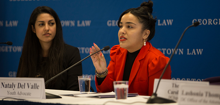 Photo of Yasmin Vafa of Rights 4 Girls and youth advocate Nataly Del Valle speaking at the launch of “Beyond the Walls: A Look at Girls in D.C.’s Juvenile Justice System.”