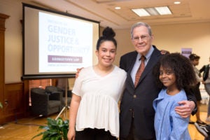 Georgetown Law Professor Peter Edelman, faculty director of the Center on Poverty and Inequality, with granddaughter Ellika and 11-year-old activist Naomi Wadler at the Center’s launch of its Initiative on Gender, Justice and Opportunity on May 15.