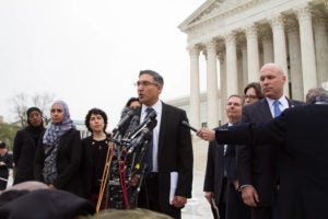 In this file photo from April, Georgetown Law Professor Neal Katyal faces the press on the steps of the Supreme Court after oral arguments in Trump v. Hawaii. The Court decided the case June 26.