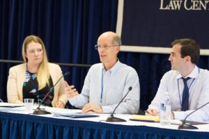 Katie Gottschalk, deputy director of the O'Neill Institute for National and Global Health Law, O'Neill Institute program director Eric Lindblom and Will Tilburg of the Maryland Medical Cannibis Commission lead a discussion on day one of "Addressing the Politicization of U.S. Health Care and Public Health Services" at Georgetown Law on June 21.