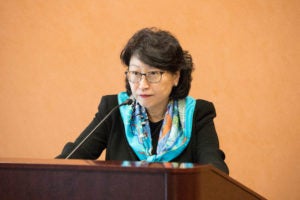Teresa Cheng, Hong Kong's secretary for justice, spoke at Georgetown Law on July 13, at an event sponsored by the Georgetown Center for Asian Law.