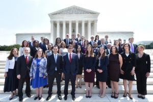 Keonna Carter (LL.M.’13)(second row, third from left) was one of 35 Georgetown Law alumni sworn into the Supreme Court Bar in June. Carter’s journey to the law began as a sixth grader, when she was invited to the Supreme Court after winning an essay contest and met Cissy Marshall, widow of the late Justice Thurgood Marshall. 