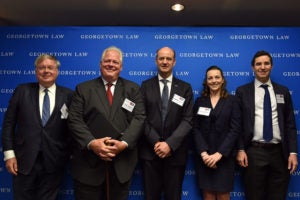 The G2 Conference on Resolving Disputes in International Economic Law at Georgetown Law on July 11 included attorney Philippe De Baere, IIEL Executive Director Grant Aldonas; EU Delegation Minister Counselor Damien Levie and Georgetown Law Professors Lilian Faulhaber and Itai Grinberg.