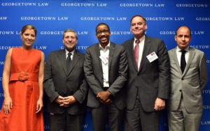 IIEL Faculty Director and Georgetown Law Professor Chris Brummer, center, appeared on a panel with Alexis Crow, David Dollar, Georgetown Law Associate Dean James Feinerman and Bart Oosterveld. 