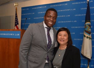 Patrick Campbell (C'92), a Georgetown University graduate and lawyer who participated in Street Law as a D.C. high school student, was reunited with his Georgetown Law Street Law teacher, Grace Kim (L'88), at the dinner.