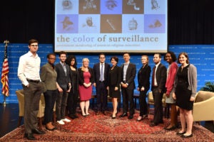 Executive Director Alvaro Bedoya, Deputy Director Laura Moy (center) and other staff of Georgetown Law’s Center on Privacy & Technology at the 2018 “Color of Surveillance” conference on July 19 examining the government monitoring of American religious minorities.