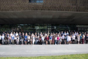 Georgetown Law Professors Sherally Munshi, Anthony Cook and Dean William M. Treanor were part of a group accompanying dozens of students to the National Museum of African American History and Culture during Orientation Week 2018.